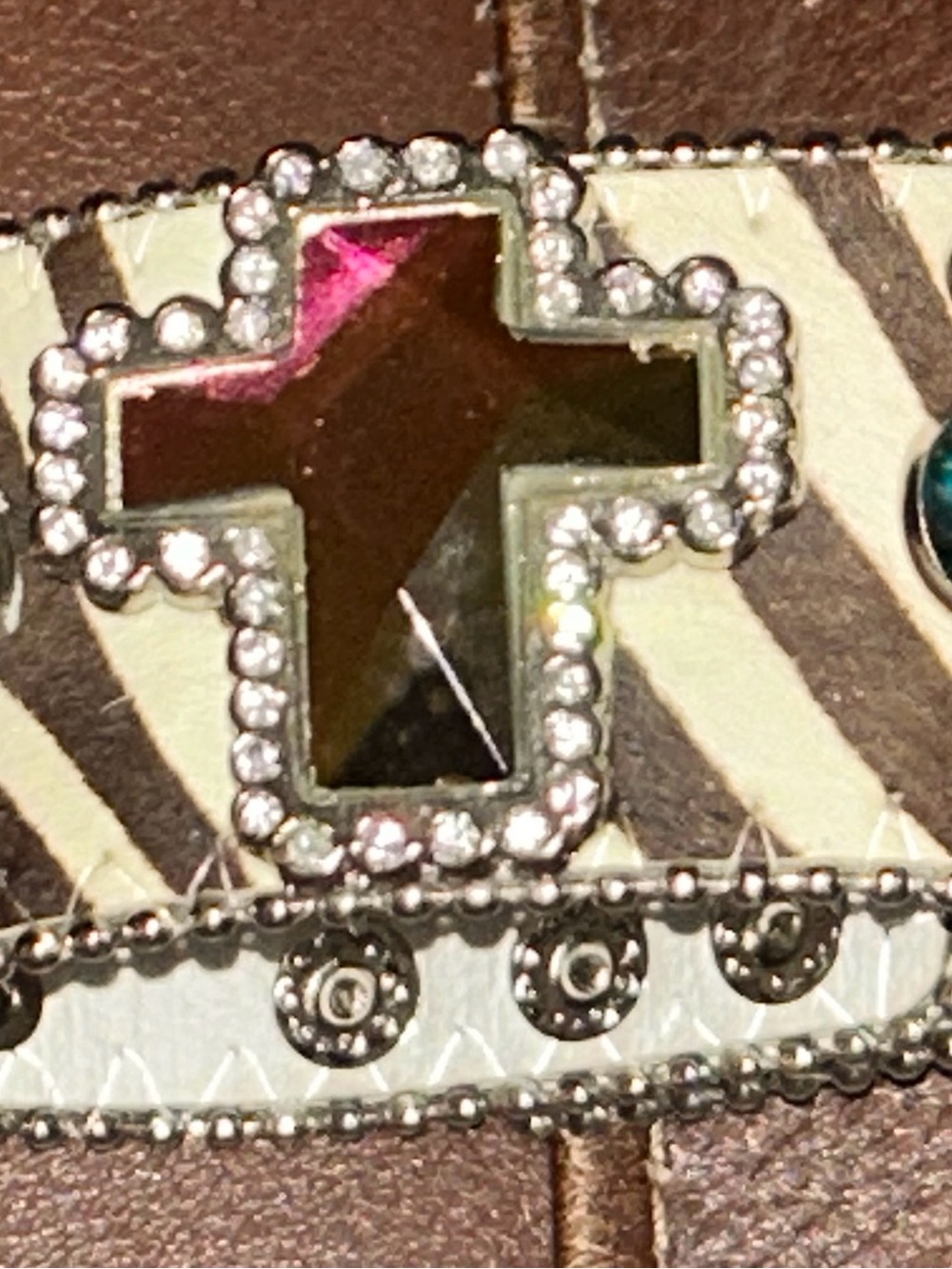 Jeweled Cross Accent Rhinestone and Studs on Animal Print Faux Hide.Adjustable